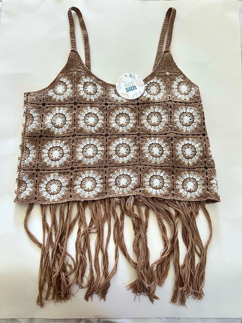 Sun Crochet Fringe Y2K Boho Festival Tank Top Brown & White Size XL NWT